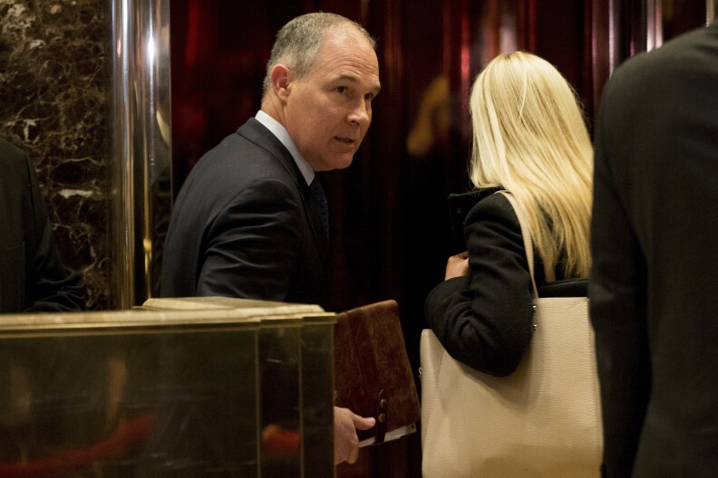Oklahoma Attorney General Scott Pruitt arrives at Trump Tower in New York, Wednesday, Dec. 7, 2016. (AP Photo/Andrew Harnik)