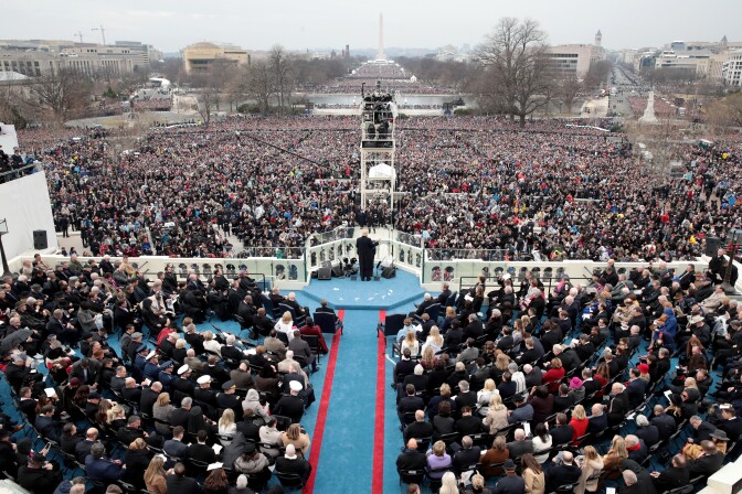 WASHINGTON, DC - JANUARY 20:  President Donald Trump gives his inaugural speech on the West Front of the U.S. Capitol on January 20, 2017 in Washington, DC. In today's inauguration ceremony Donald J. Trump becomes the 45th president of the United States.  (Photo by Scott Olson/Getty Images)
