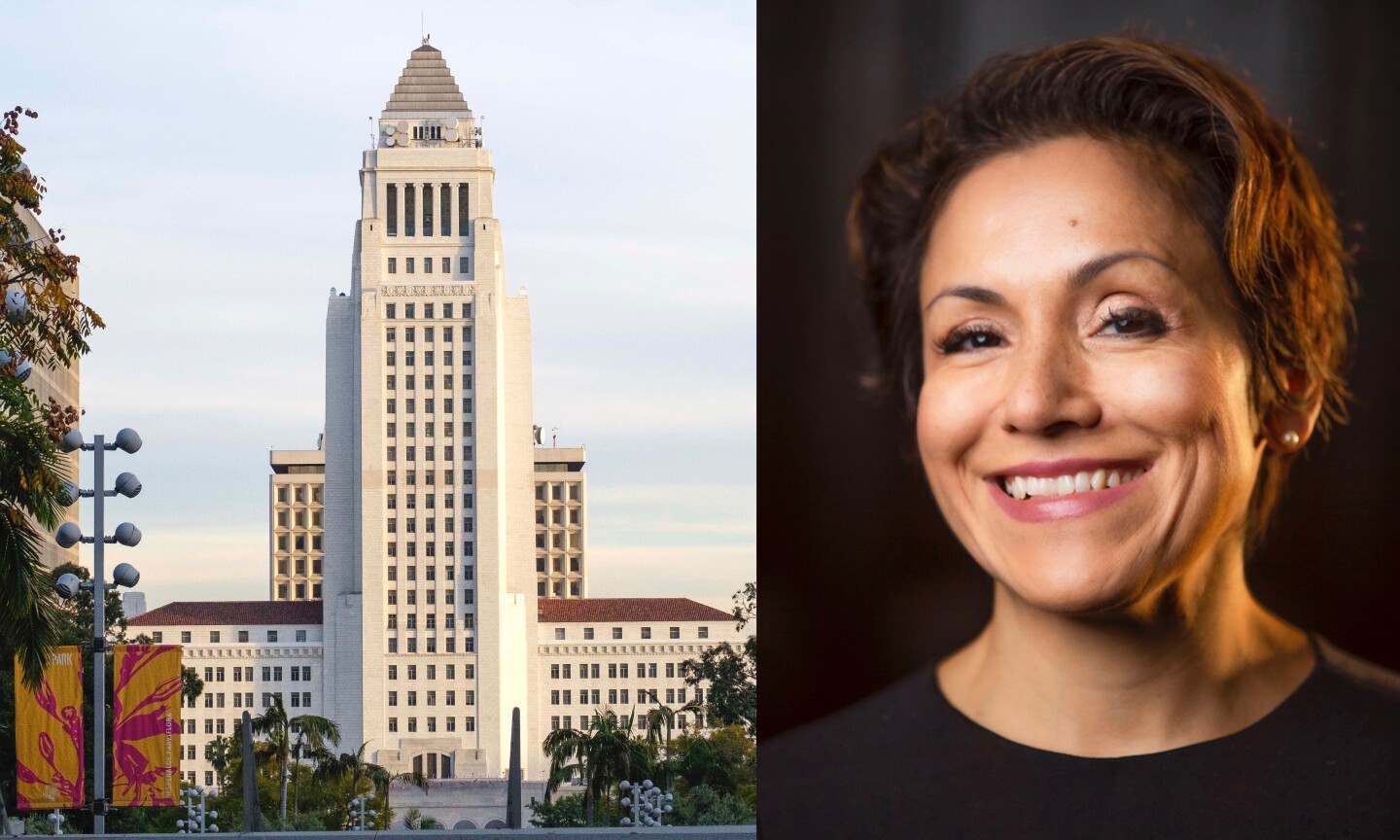 An image of Los Angeles City Hall on the left and an official photo of Mayor Garcetti chief of staff Ana Guerrero on the right.