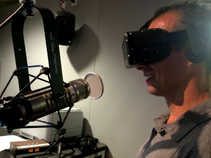 A Martinez watches a virtual reality video created by Matter VR on an Oculus headset.