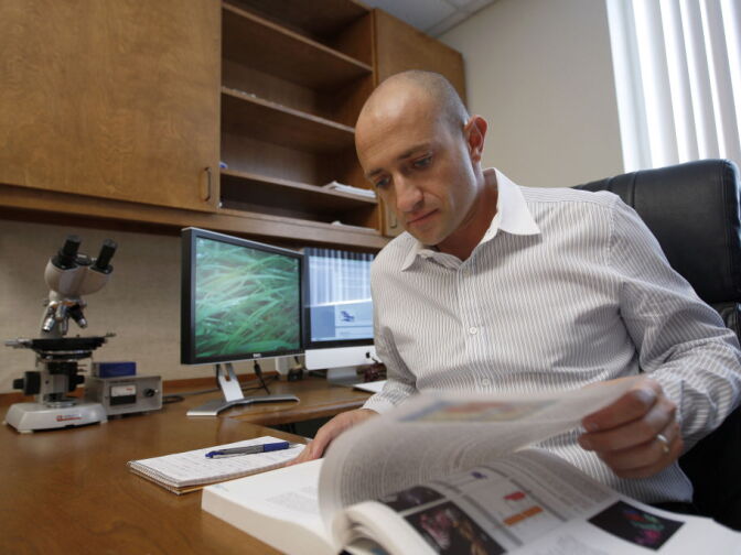 Micro biologist Sarkis Mazmanian, an expert in human health and disease, is seen during an interview and video taping by Home Front Communications for the MacArthur Foundation at the California Institute of Technology (Caltech) in Pasadena, California.   