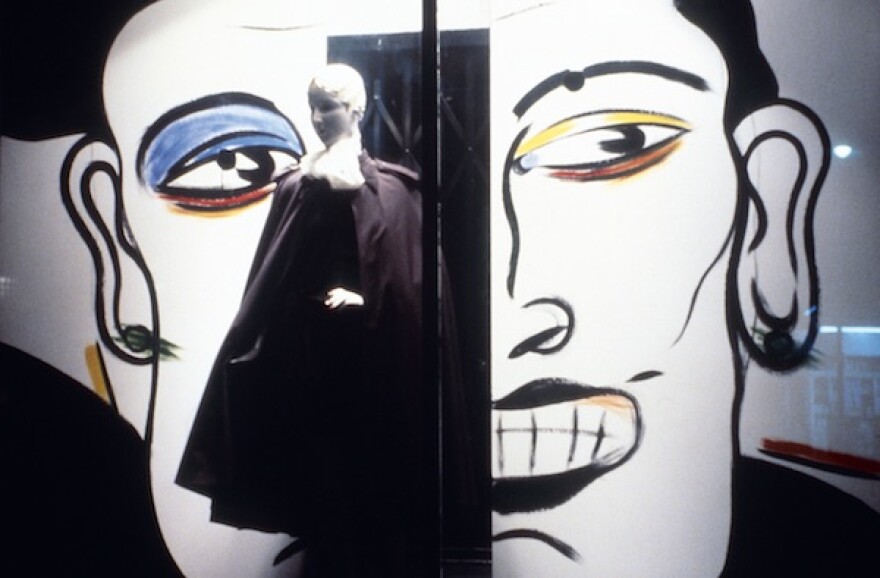 A photograph of a window display at Maxfield Bleu in West Hollywood, c. early 1980s, created by artist Mundo Meza in collaboration with Simon Doonan.