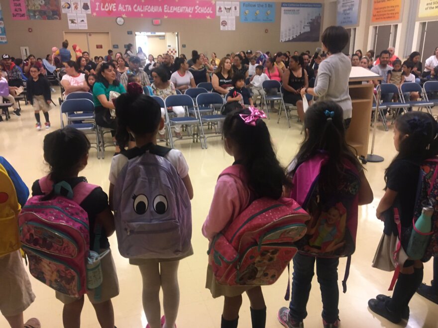 Parents attended a “welcome to school” ceremony for their kindergartners on the first day of classes at Alta California Elementary School in Panorama City.