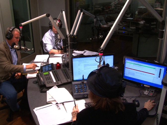 KPCC's Patt Morrison invited the three candidates for Council District Four on her show on Friday, March 4, 2011. Stephen Box (left) and Tomas O'Grady (center) participated in studio. Incumbent Tom LaBonge phoned in for the forum.