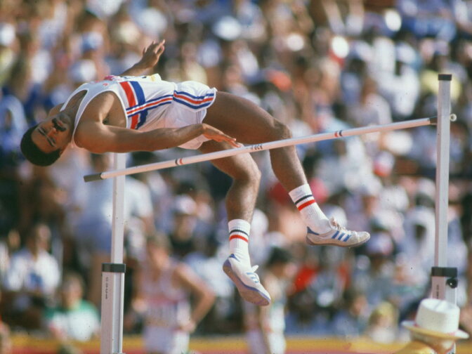 Daley Thompson of Great Britain clears the bar during the high jump event of the decathlon at the 1984 Olympic Games in Los Angeles. Thompson won the decathlon with a World Record of 8,847 points.