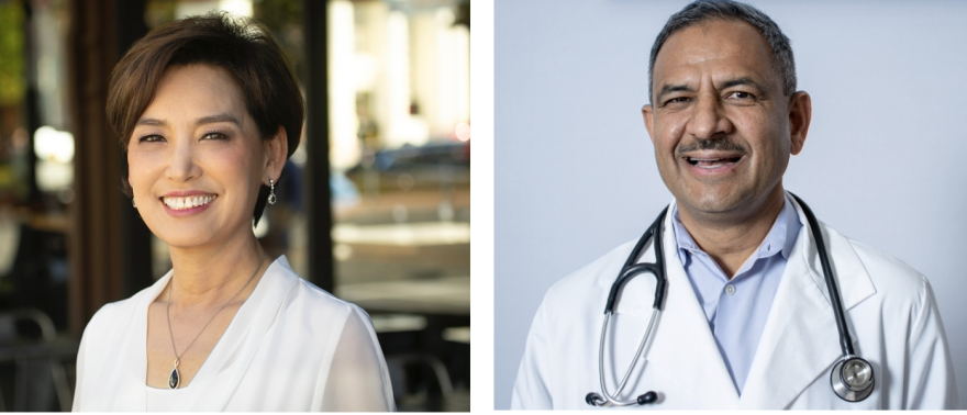 Side-by-side headshots of U.S. Rep. Young Kim and her Democratic challenger Dr. Asif Mahmood. Kim is a woman of Asian descent with short brown hair, wearing a white blouse with a necklace. Mahmood, a middle-aged mad with light brown skin, salt-and-pepper hair and a mustache, is seen wearing a white lab coat with a stethoscope draped around his neck.