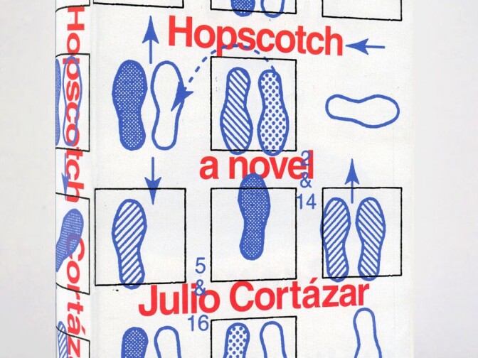 Mendelsund explains that his cover for Julio Cortazar's novel <em>Hopscotch </em>"features the steps of a tango, superimposed on a <em>rayuela</em>, a hopscotch field."