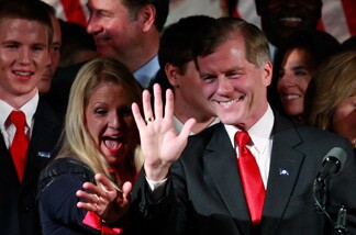 Republican Governor-elect Bob McDonnell (R) of Virginia and his wife Maureen McDonnell greet the crowd at his victory party on November 3, 2009 in Richmond, Virginia.