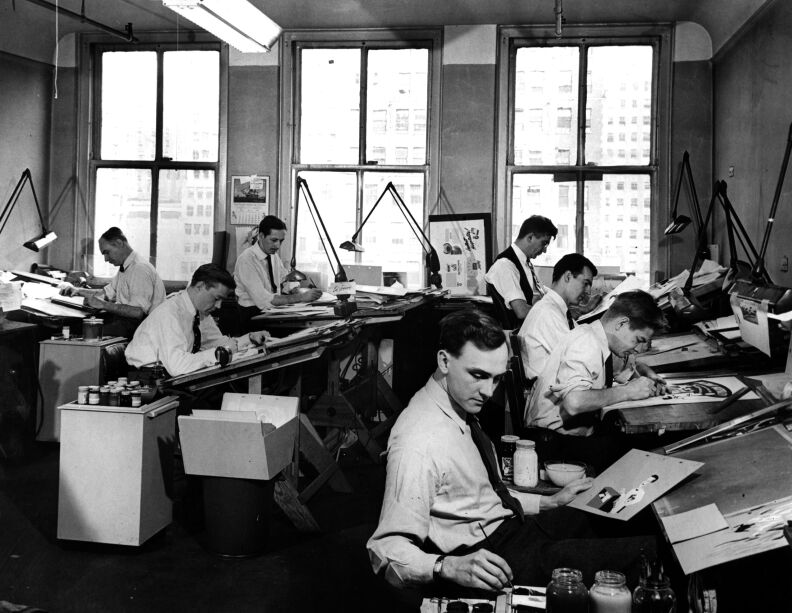 circa 1950:  Animators working at Transfilm studios, New York.  (Photo by Three Lions/Getty Images)