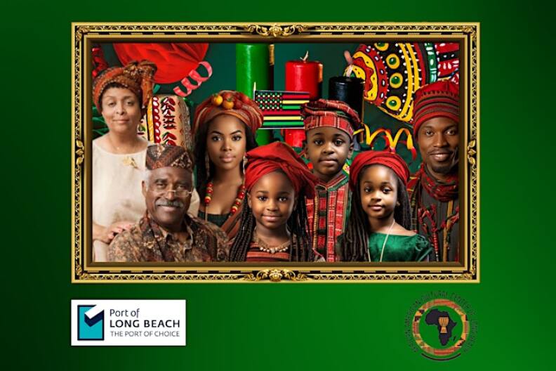 A digital collage of Black Americans in colors associated with Kwanzaa — black, red and green — set in a gold frame.