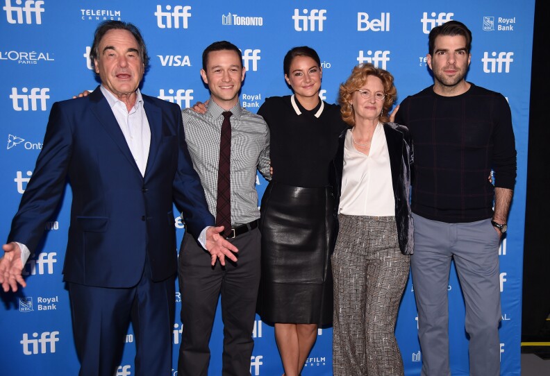 (L-R) Director Oliver Stone, actors Joseph Gordon-Levitt, Shailene Woodley, Melissa Leo and Zachary Quinto attend "Snowden" press conference during the 2016 Toronto International Film Festival at TIFF Bell Lightbox.