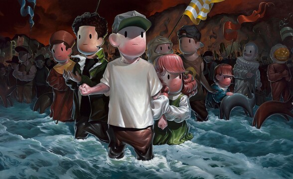 A reproduction of the painting "At The End," by art duo Giorgiko. It's an oil on canvas painting showing various human figures standing in rushing, knee-deep waters. Some in the background carry flags, as if the crowd had been marching toward something before coming to the end of a pathway forward. Behind them, mountains glow orange as if on fire. 