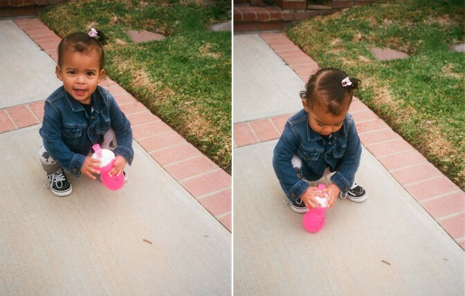 Side-by-side photos show Eden playing on the sidewalk with a sippy cup