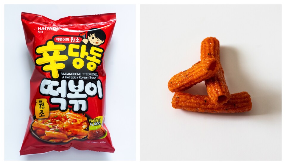 A split image: on the left is a red snack bag with Korean writing in red and white characters. On the right are three tublar-shaped snacks chips that are bright red and contain ridges down the bottom. 