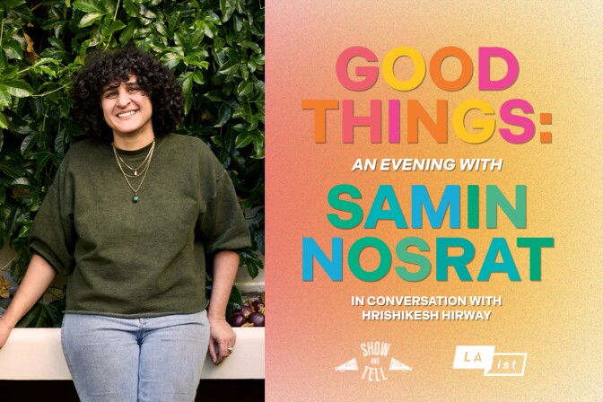 Promotional image of Samin Nosrat on the left. Samin leaning with a tree in the background. Samin is wearing a green sweater and layered necklaces. On the right-hand side there is a sunset gradient that reads “Good Things: An Evening With Samin Nosrat In Conversation With Hrishikesh Hirway” 