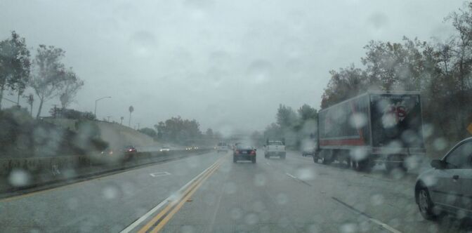 Rain Monday morning has made for hazardous driving conditions throughout Southern California. Rain falls on a Southern California freeway during a recent storm. 