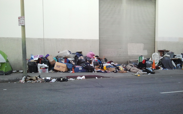 A homeless person's belongings are seen in Downtown Los Angeles.