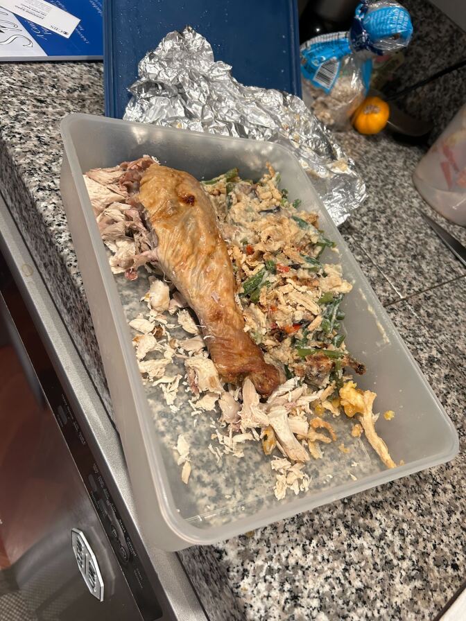 A plastic container with pieces of cooked turkey and green beans.