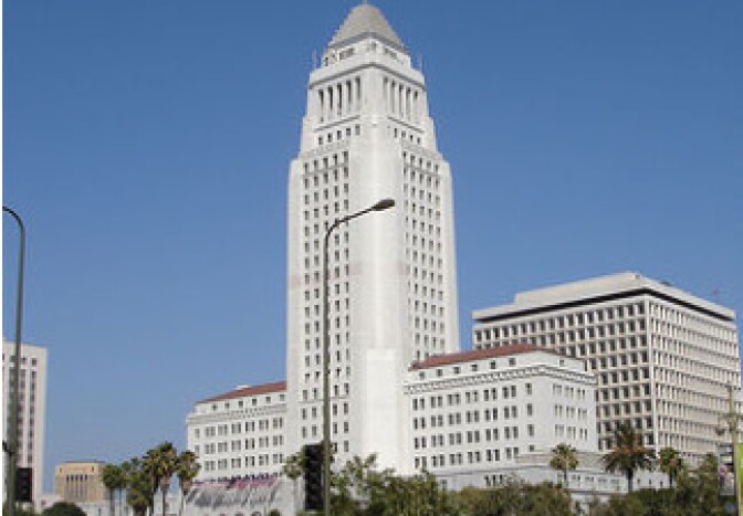 A view of City Hall in downtown Los Angeles, Calif.