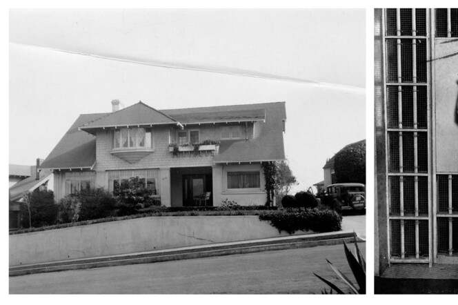 A black and white wide shot of a home from the street on the left. On the right is a view of a woman from the ground up smiling while standing in front of a jail cell's doors.