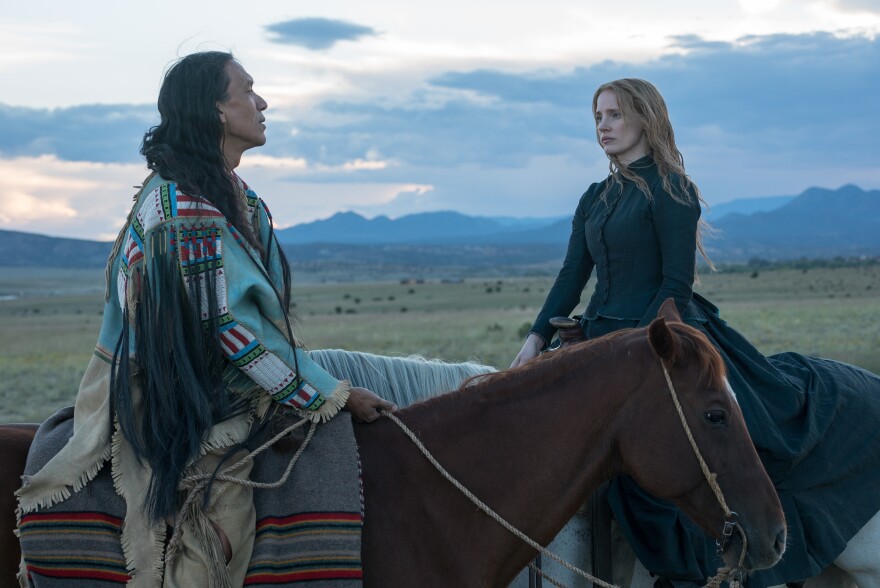 Michael Greyeyes and Jessica Chastain in "Woman Walks Ahead." 