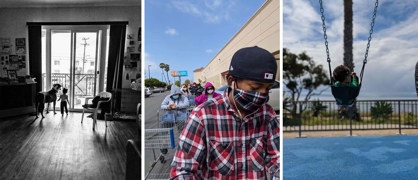 From left: A photo of Trina's daughter Hali'a looking outside, Hali'a on a swing set, and the family standing in line outside a store with shopping carts.