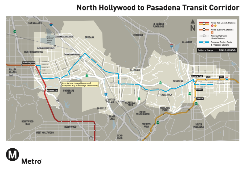 A map shows bus routes highlighted by a jagged blue line depicting a route that runs roughly east to west and a jagged red line that runs roughly north to south.