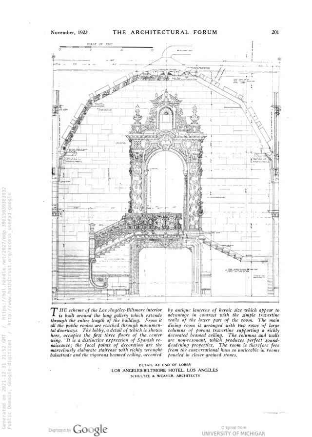 A black and white architectural drawing of the interior facade at the Biltmore Hotel