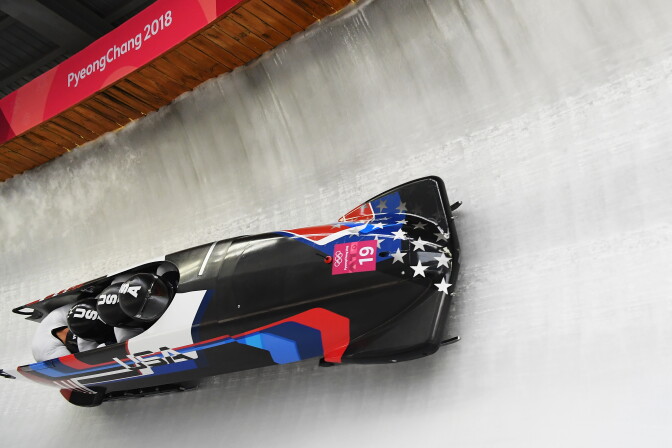 Justin Olsen, Nathan Weber, Carlo Valdes and Christopher Fogt of the United States compete during 4-man bobsled at the PyeongChang 2018 Winter Olympic Games on February 24, 2018 in Pyeongchang-gun, South Korea.