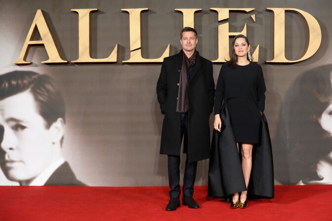LONDON, ENGLAND - NOVEMBER 21:  Brad Pitt and Marion Cotillard attend the UK Premiere of "Allied" at Odeon Leicester Square on November 21, 2016 in London, England.  (Photo by Tim P. Whitby/Getty Images)
