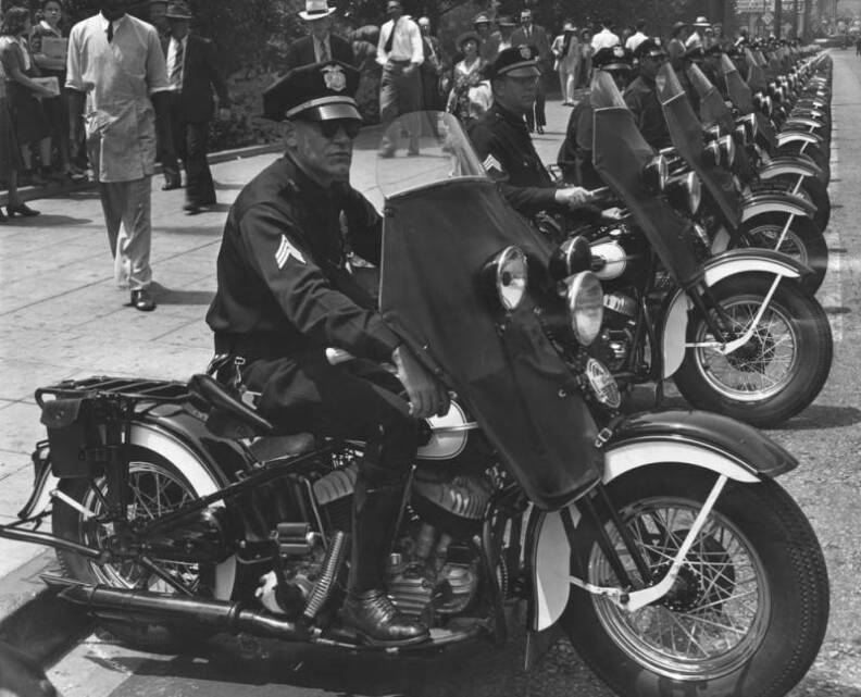 LAPD officers line up on their motorcycles circa 1941