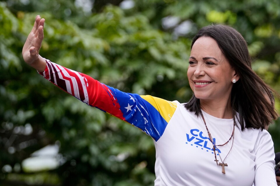 A smiling woman with medium length brown hair holds her right hand out, waving The sleeve on her shirt is decorated in yellow, blue and red, a representation of the Venezuelan flag. She wears two necklaces around her neck with cross pendants