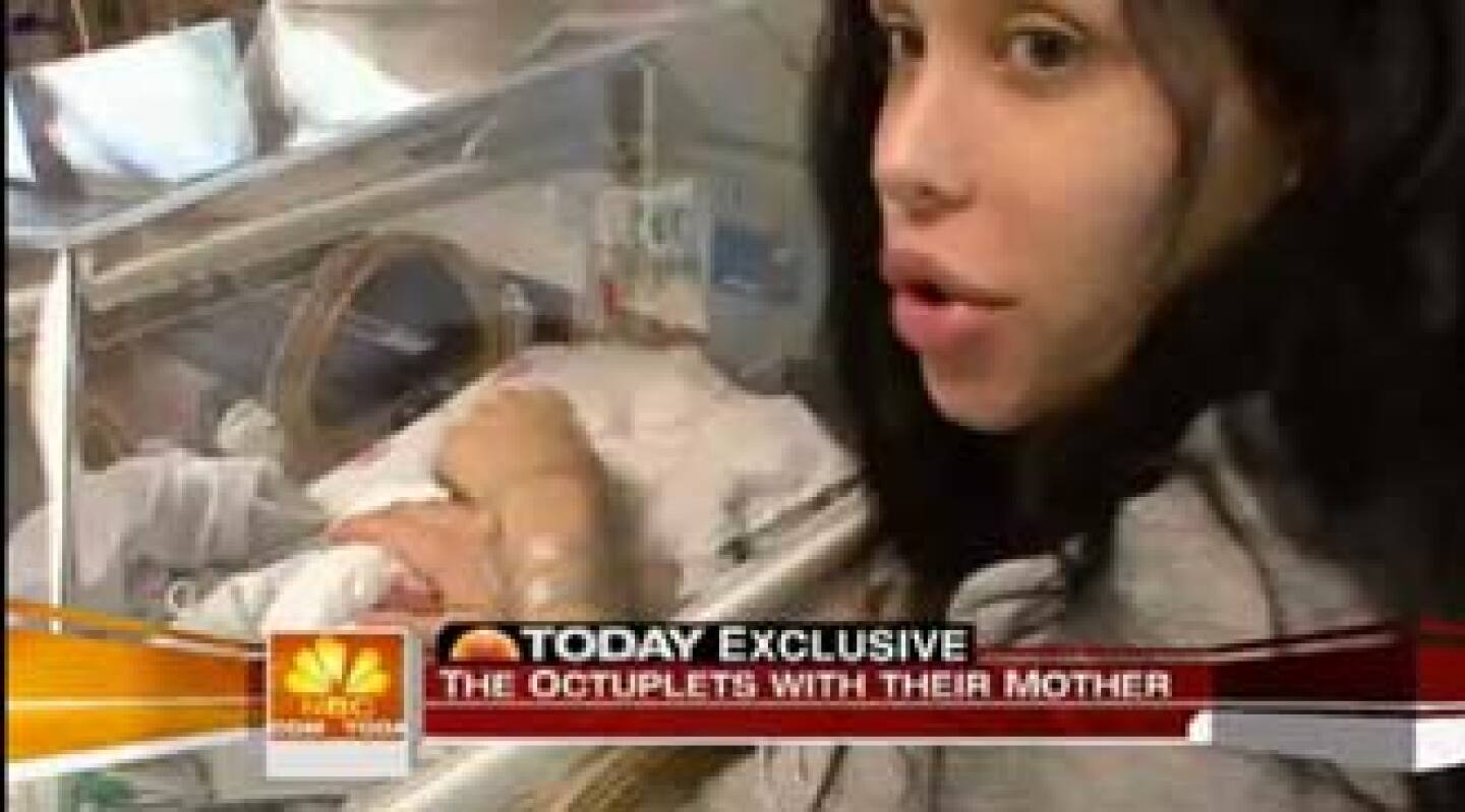 Nadya Suleman shows the Today Show's Ann Curry her octuplets and reveals their names in her first TV interview