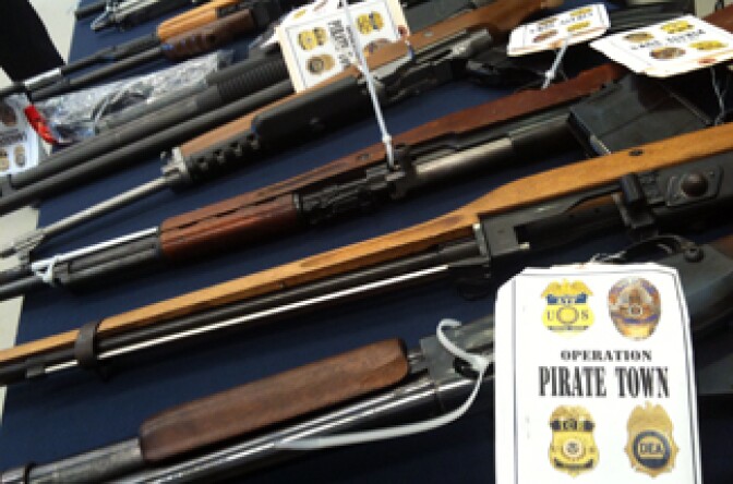 Police and federal officers arrested 80 alleged members of Rancho San Pedro gang whose members officials say trafficked guns and sold large amounts of drugs.