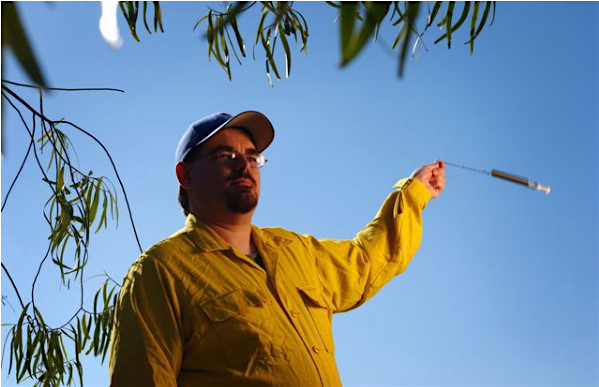 Incident meteorologist Rich Thompson uses a sling psychrometer to calculate relative humidity outside the National Weather Service office in Oxnard, California.