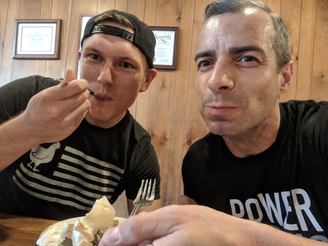 Food writer Josh Scherer (L) and KPCC's A Martinez share a slice of the butterscotch meringue pie at Pie 'n Burger in Pasadena.