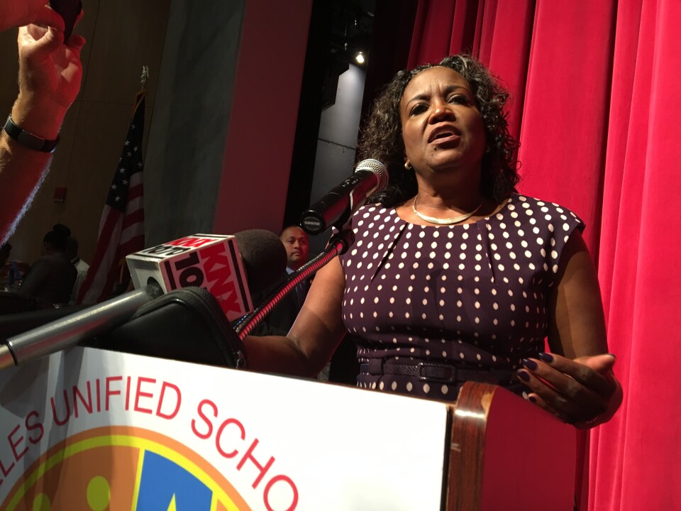 Los Angeles Unified School District superintendent Michelle King addresses reporters after her State of the District speech in the auditorium at Garfield High School in East Los Angeles on Tuesday, Aug. 9, 2016.