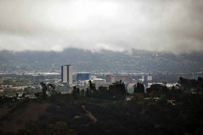 The San Fernando Valley sits under cloud cover on Friday, Feb. 28, 2014 during a rainstorm in Southern California.