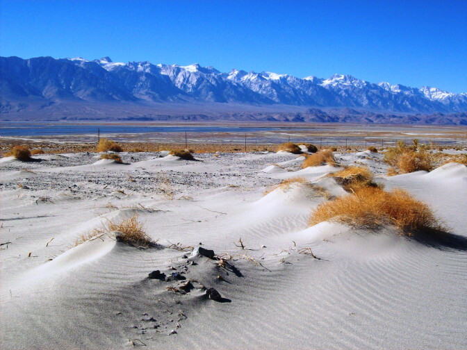 Sand dunes at the edge of Owens Dry Lake, drained by a thirsty Southern California.