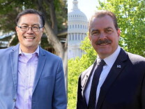 A man of Asian descent and glasses is on the left half of the photo collage wearing a suit in front of a house.  The white man on the right is in a black suit and tie in front of the California State Capitol.