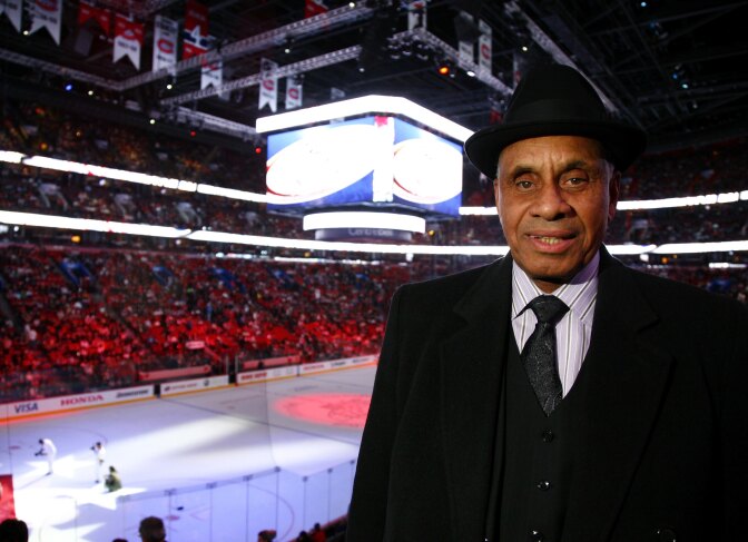 Willie O'Ree poses for a photograph during the NHL All Star Game at Bell Centre on January 25, 2009 in Montreal.