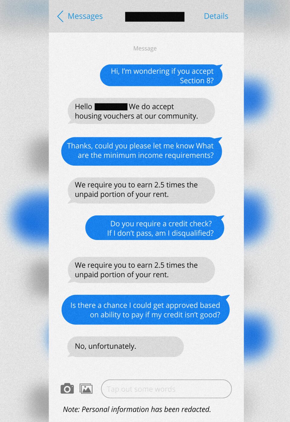 An image of text messages from a cell phone. Two heavy black lines represent redacted information