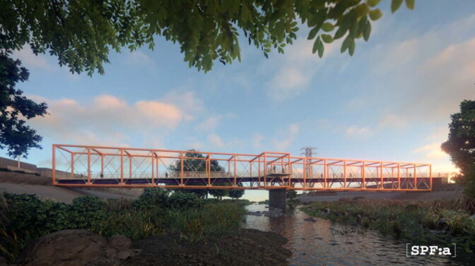 An illustration of the proposed bridge. The northern end of the proposed bridge will be located adjacent to Kerr Road, and its southern end will be located adjacent to the Los Angeles River Greenway Trail, approximately between Altman Street and Dorris Place. 