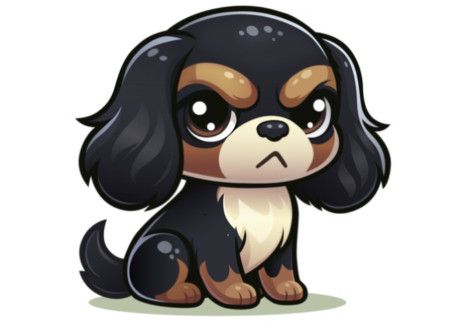 An illustration of a cute spaniel who's frowning at the camera.