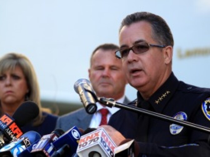 Riverside Police Chief Sergio Diaz announces the reward for information leading to the conviction of the person responsible for killing officer Ryan Bonaminio.