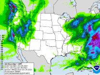A topographical map of the U.S. shows the West Coast in shades of green, blues, purple and red indicating rainfall totals from .01 to 4 inches.