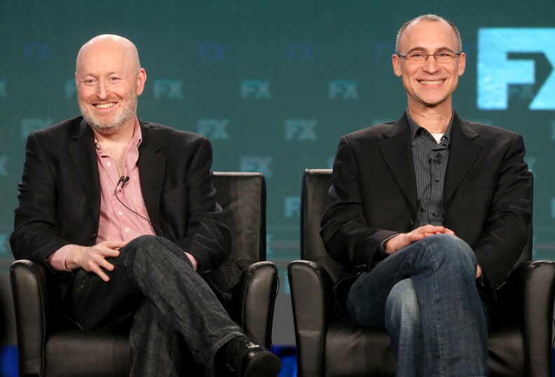 PASADENA, CA - JANUARY 12:  Executive producers Joel Fields (L) and Joe Weisberg of the television show 'The Americans' speak onstage during the FX portion of the 2017 Winter Television Critics Association Press Tour at Langham Hotel on January 12, 2017 in Pasadena, California  (Photo by Frederick M. Brown/Getty Images)