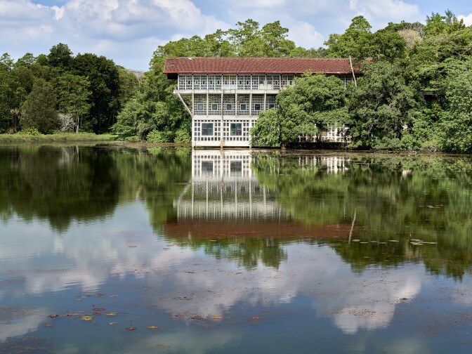 The RCeylon Steel Corporation Office Building located in Oruwala, Sri Lanka, and built from 1966 to 1969. The architect was Geoffrey Bawa of Sri Lanka, part of a cadre of South Asians who came to prominence during this period. Bawa's architecture was part of a style known as "tropical modernism."