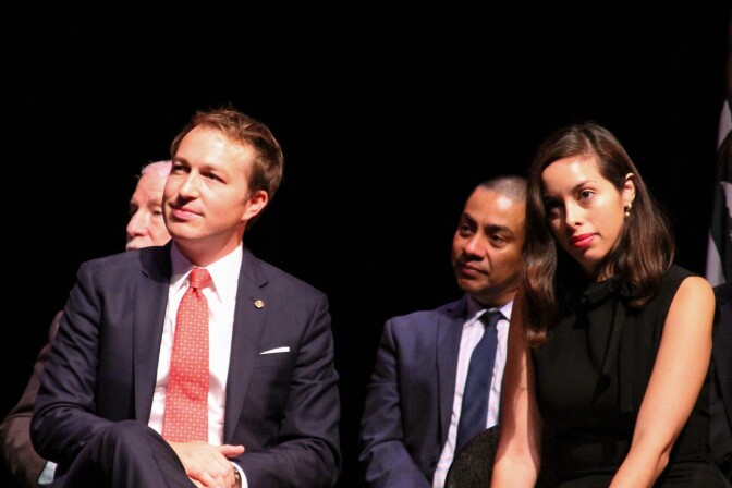 Los Angeles Unified's two newest members, Nick Melvoin and Kelly Gonez at the Cortines School of Visual and Performing Arts Concert Hall in Los Angeles, California on July 6, 2017.