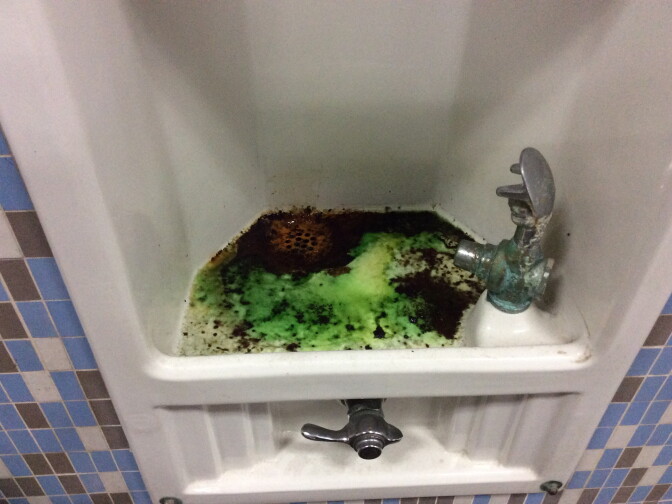 An inspector's photo shows "moss or mold" in a drinking fountain in Inglewood High's girls' locker room.